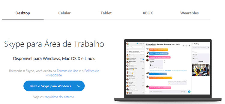 Homepage da Microsoft para Baixar o Skype