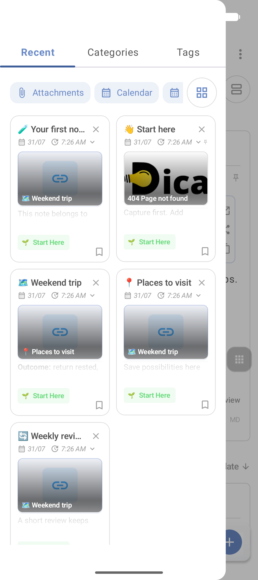 Categories and tags panel in DicaNote