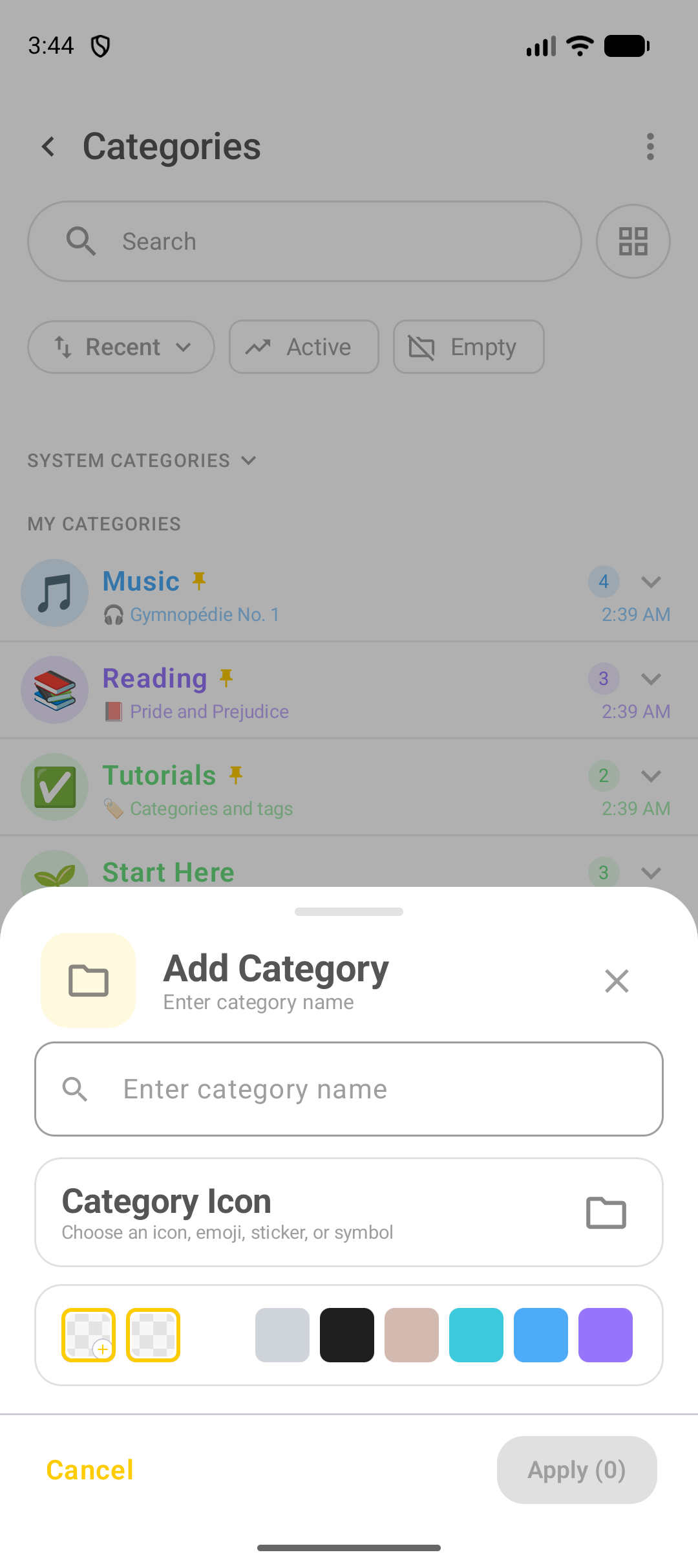 Painel Add Category do DicaNote com nome e Ãcone