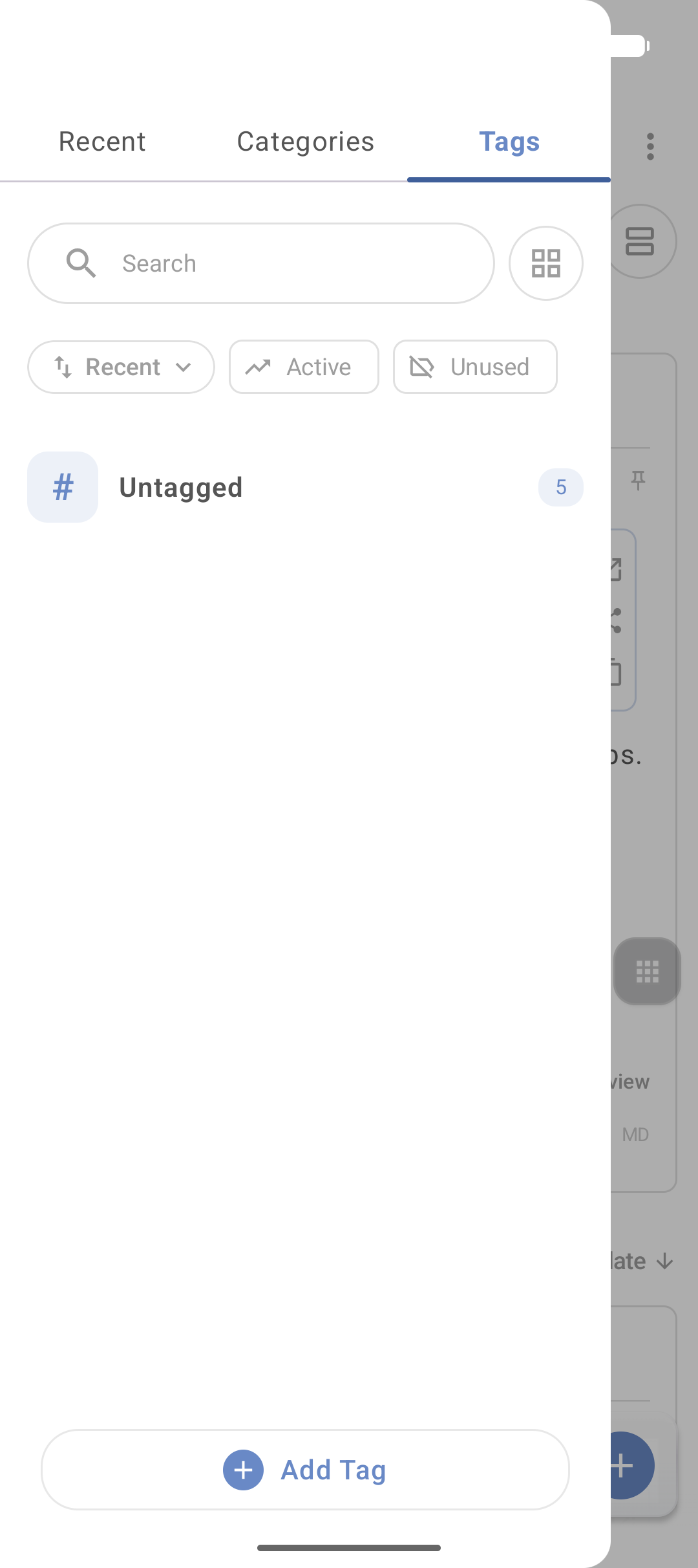 Tags screen or panel in DicaNote