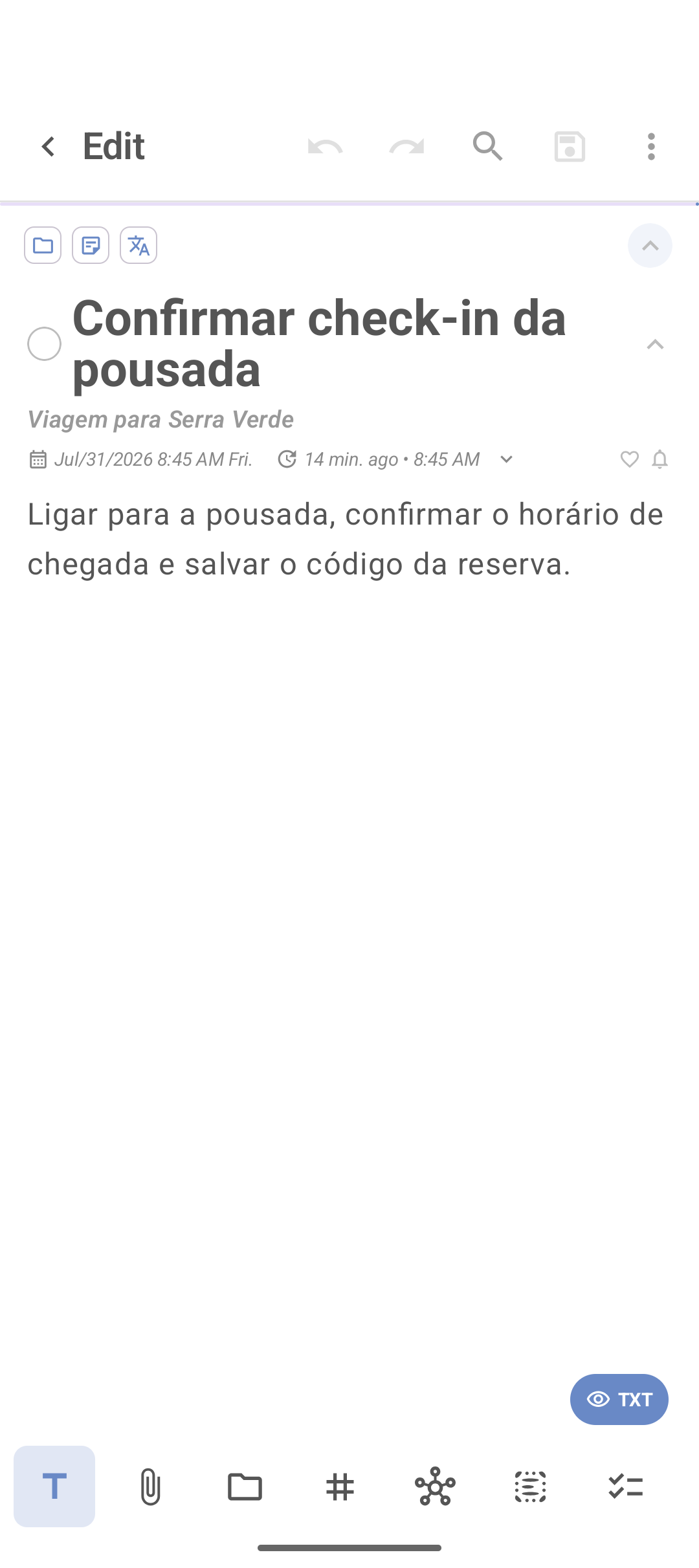 Tarefa aberta no editor do DicaNote