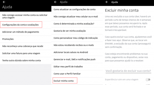 Como Excluir sua conta Uber Telas do Celular